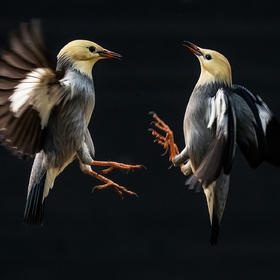 两只丝光椋鸟为争食而互不相让，静与动，高与低，飞羽...