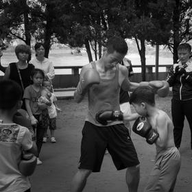 公园中，一个正在专注练习拳击的孩子。