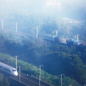 《遇见》：秋天的雾晨，一列现代动车和一列老式火车的...
