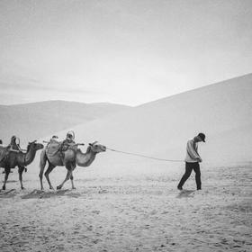 引驼人牵着骆驼在鸣沙山日复一日年复一年的行走 小哥疲...