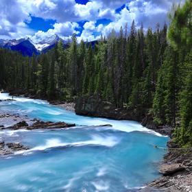 6月份在加拿大贾斯帕国家公园拍摄的小河、森林、雪山，...